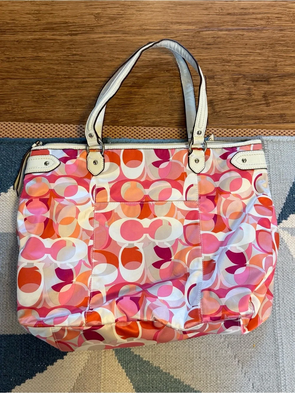 Coach Signature Tote in Pink, Orange & White